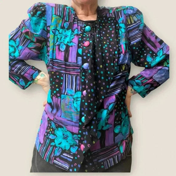 Vintage 80’s/90’s Colorful floral polka dot Living color geometric hip hop top - Picture 4 of 11